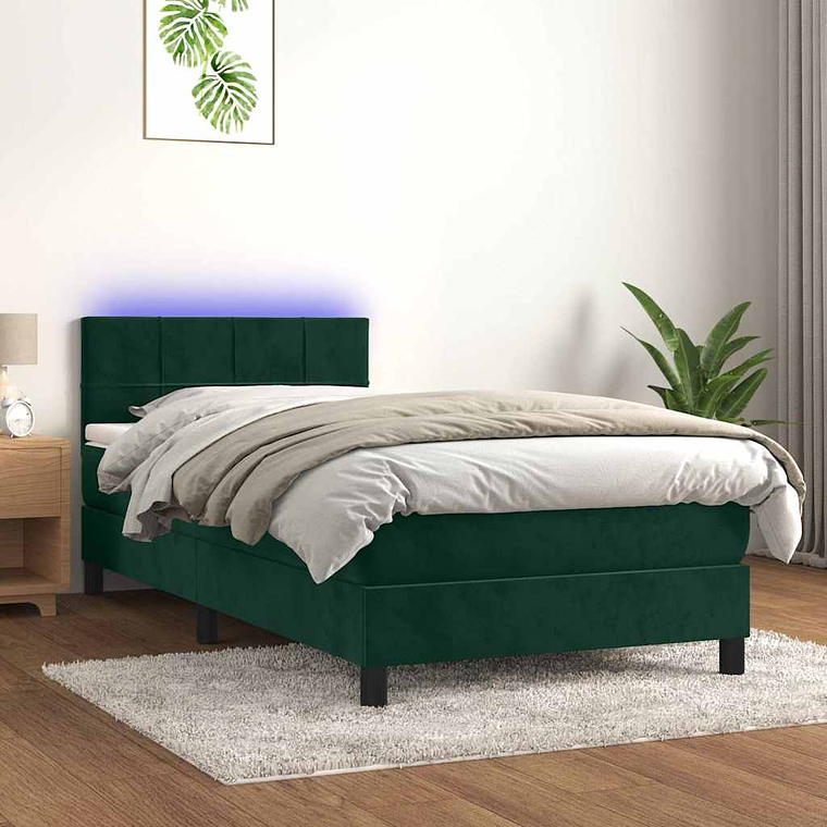 vidaXL Cama box spring c/ colchão/LED 100x200 cm veludo verde-escuro 1