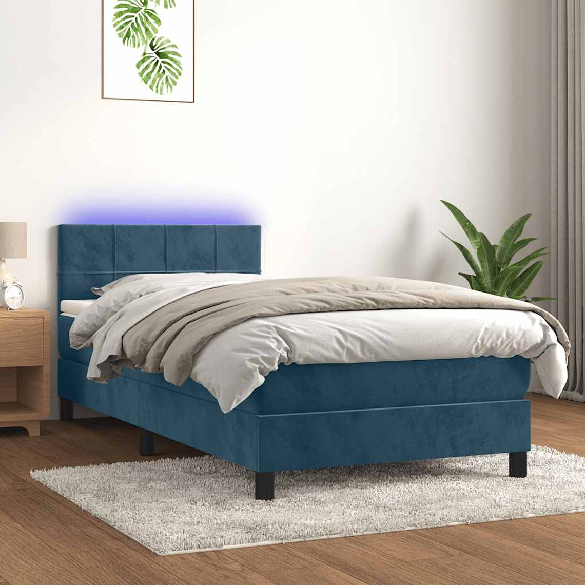 vidaXL Cama box spring c/ colchão/LED 100x200 cm veludo azul-escuro 1