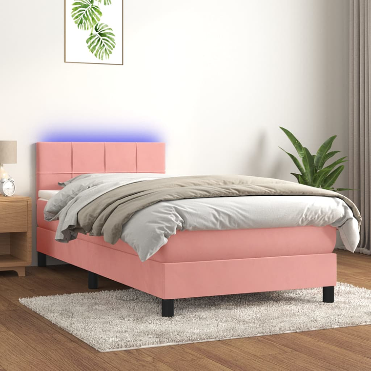 vidaXL Cama box spring c/ colchão/LED 100x200 cm veludo rosa 1