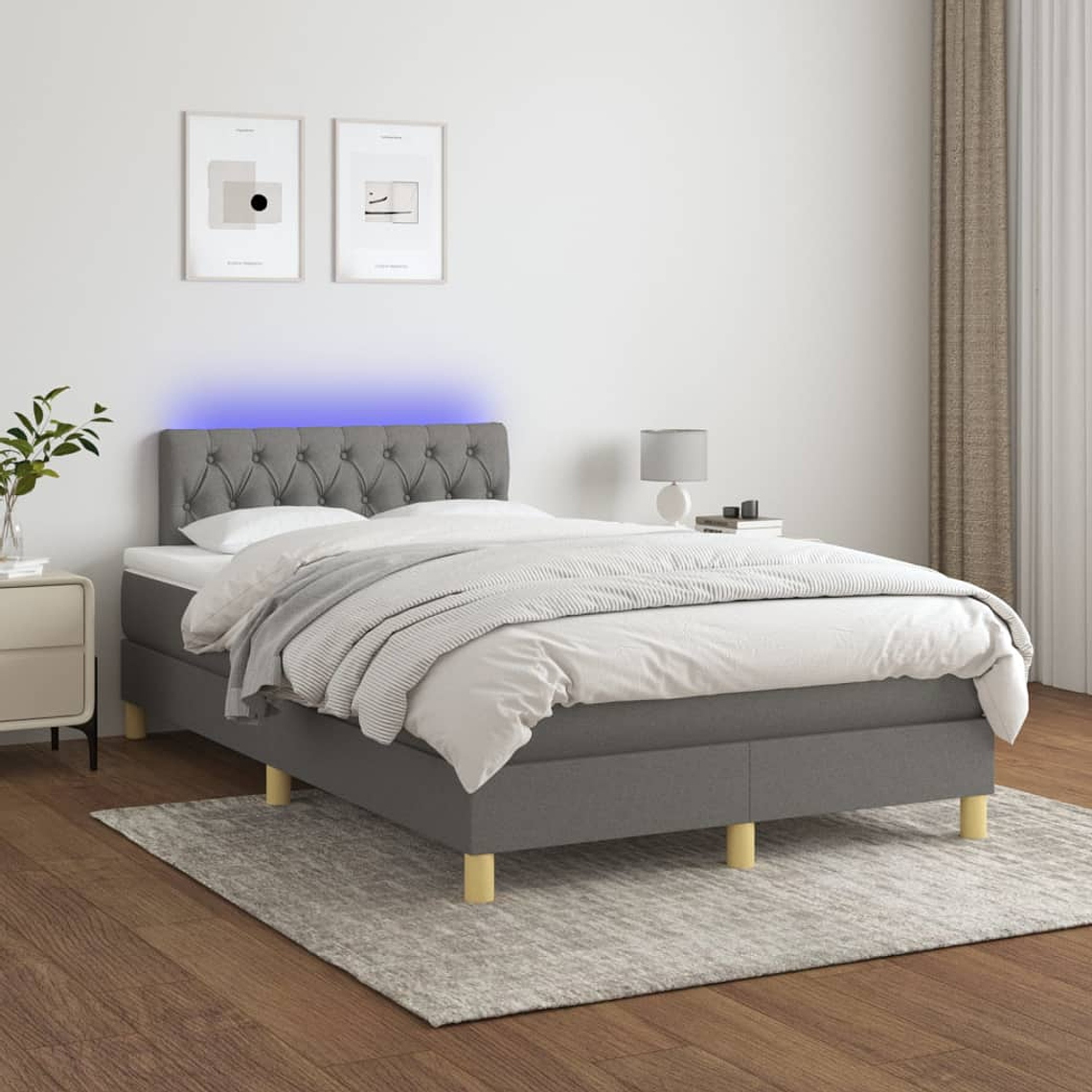 vidaXL Cama box spring c/ colchão e LED 120x200 cm tecido cinza-escuro  1