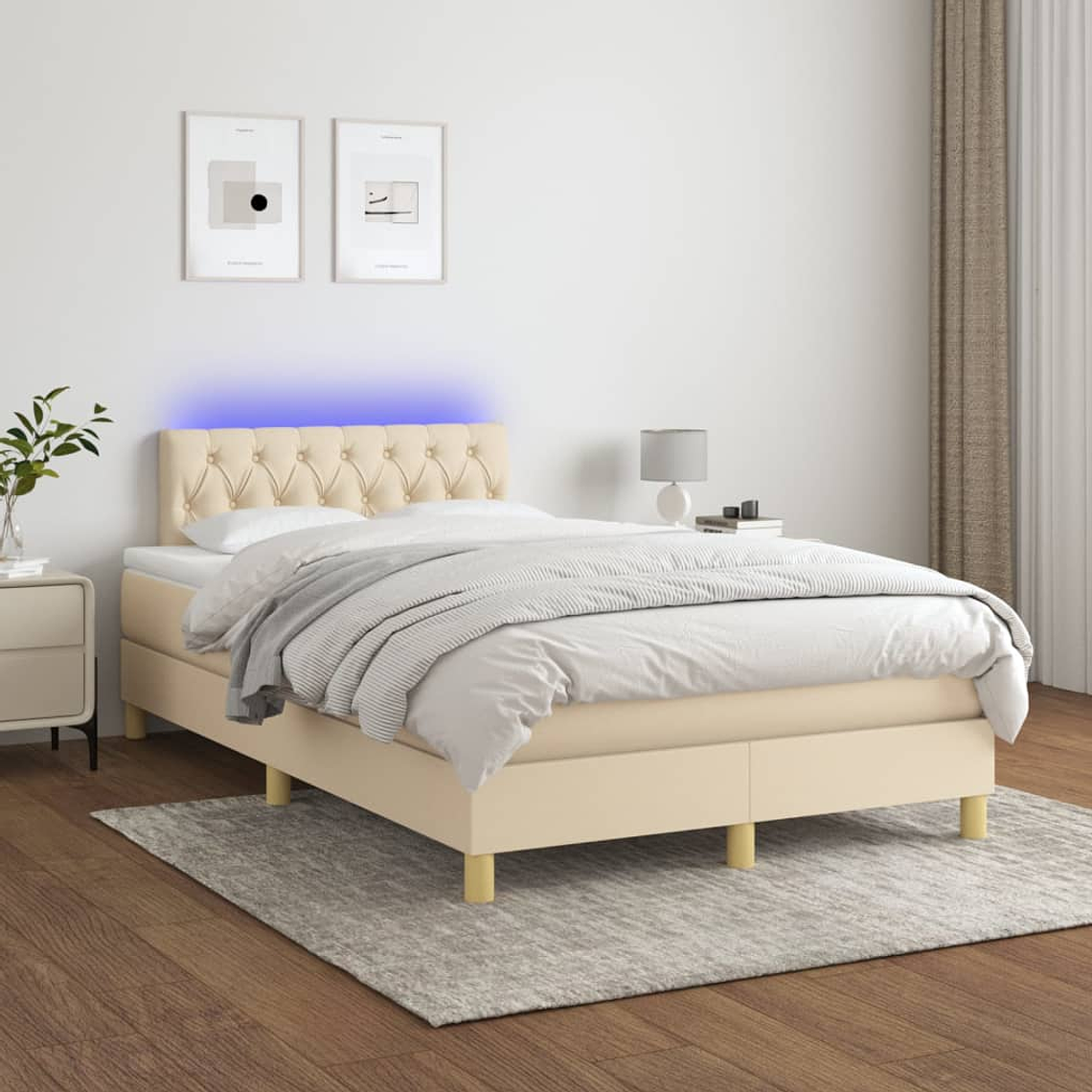 vidaXL Cama box spring c/ colchão e LED 120x200 cm tecido cor creme 1