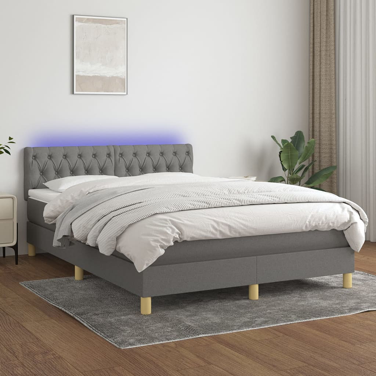 vidaXL Cama box spring c/ colchão e LED 140x190 cm tecido cinza-escuro 1