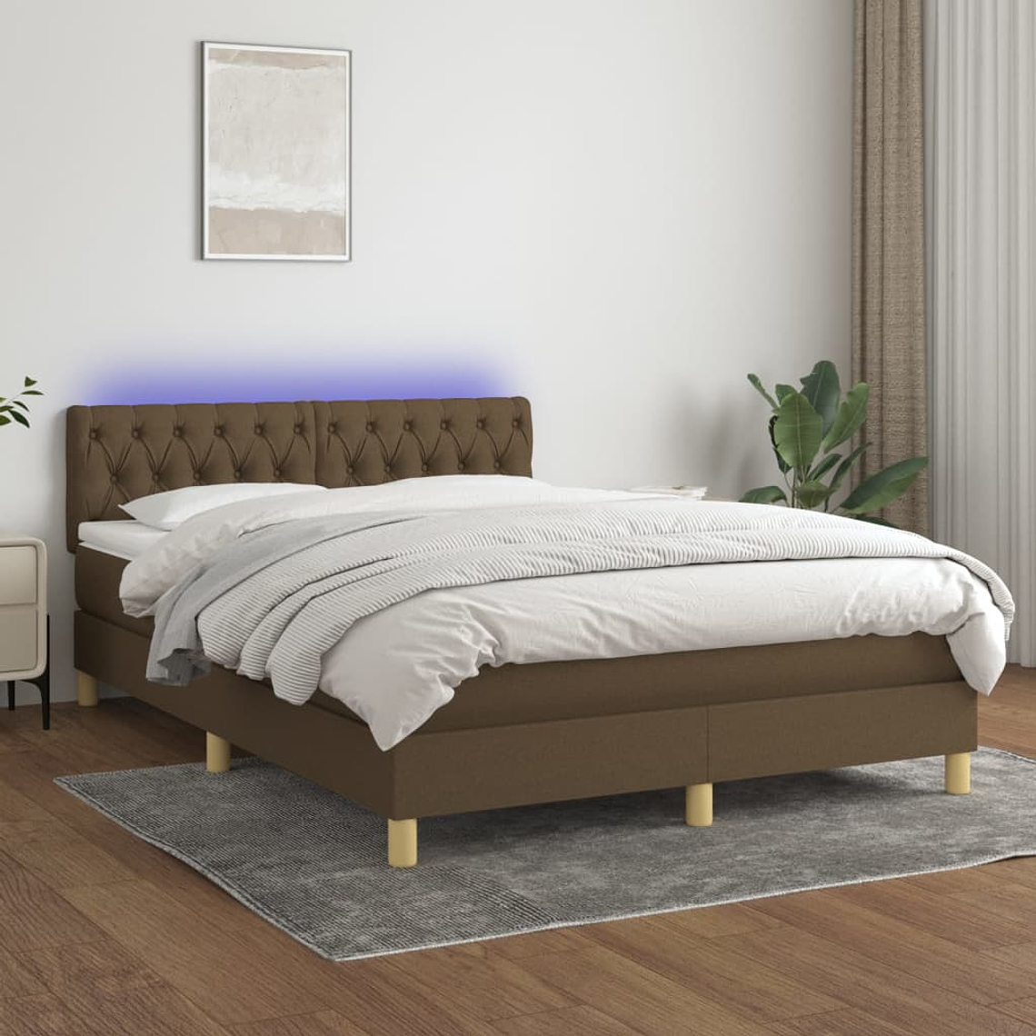 vidaXL Cama box spring c/ colchão/LED 140x200cm tecido castanho-escuro 1