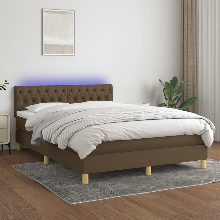 vidaXL Cama box spring c/ colchão/LED 140x200cm tecido castanho-escuro 1