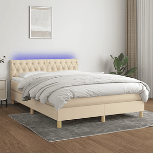 vidaXL Cama box spring c/ colchão e LED 140x200 cm tecido cor creme