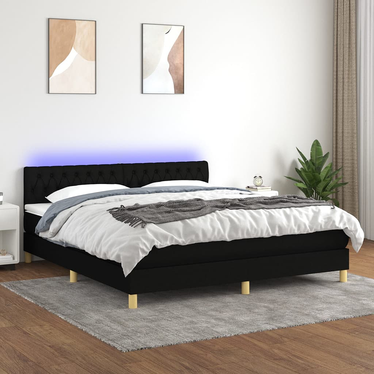 vidaXL Cama box spring c/ colchão e LED 160x200 cm tecido preto 1