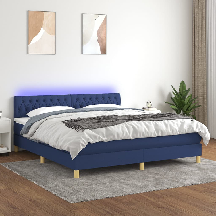 vidaXL Cama box spring c/ colchão e LED 180x200 cm tecido azul 1