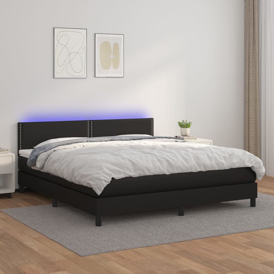 vidaXL Cama box spring c/ colchão/LED 180x200cm couro artificial preto 1