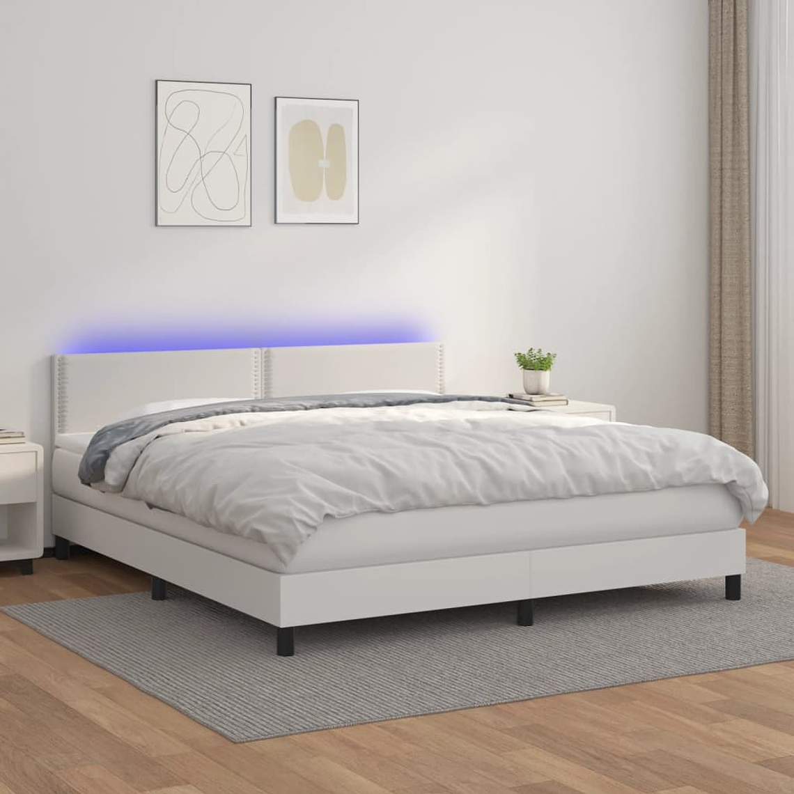 vidaXL Cama box spring c/colchão/LED 180x200cm couro artificial branco 1