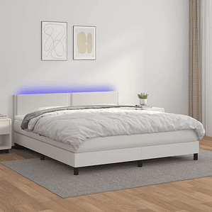 vidaXL Cama box spring c/colchão/LED 180x200cm couro artificial branco