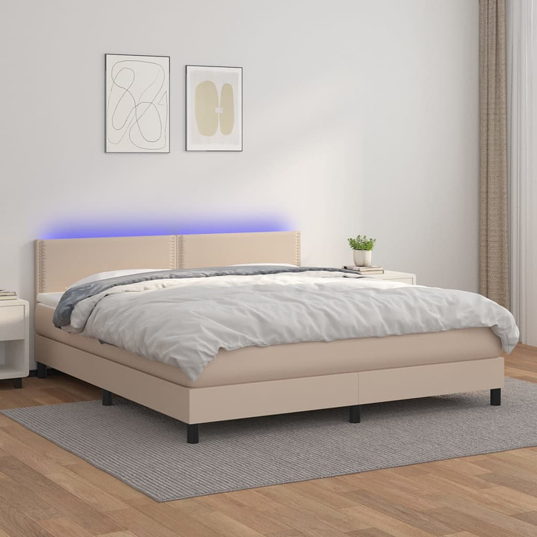 vidaXL Cama box spring c/colchão/LED 180x200cm couro artif. cappuccino 1
