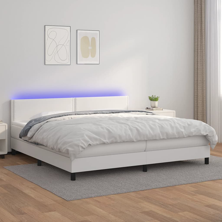 vidaXL Cama box spring c/colchão/LED 200x200cm couro artificial branco 1