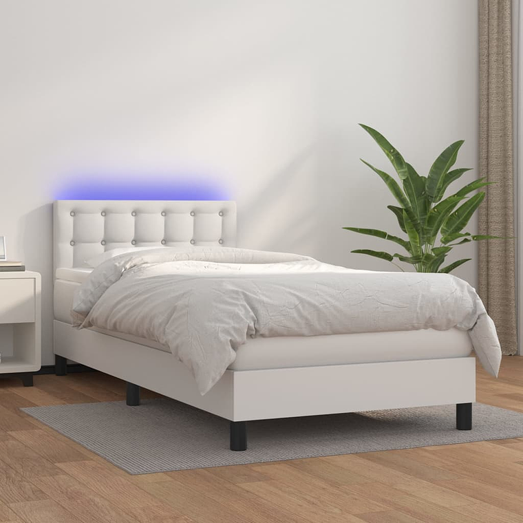 vidaXL Cama box spring c/ colchão/LED 80x200cm couro artificial branco 1