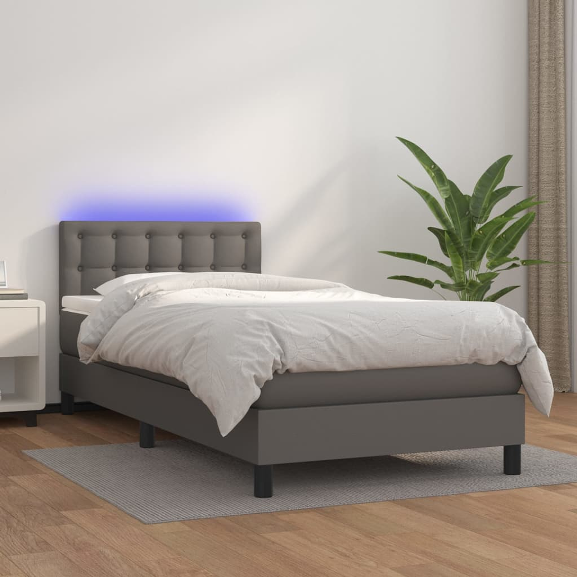 vidaXL Cama box spring c/ colchão/LED 90x190 cm couro artificial cinza 1