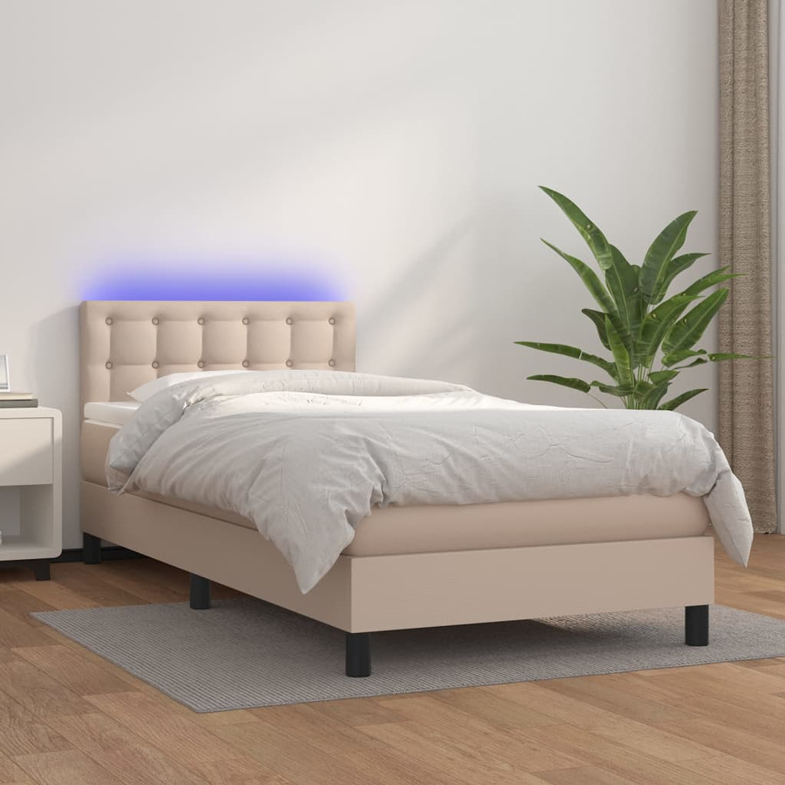 vidaXL Cama box spring c/ colchão/LED 90x190cm couro artif. cappuccino 1