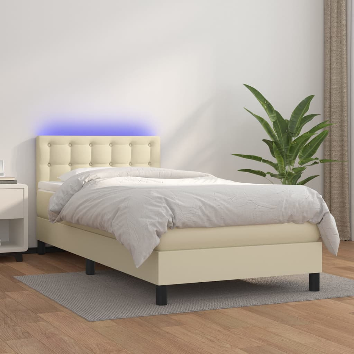 vidaXL Cama box spring c/ colchão/LED 90x200 cm couro artificial creme 1
