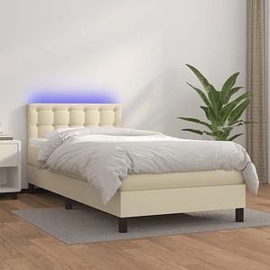 vidaXL Cama box spring c/ colchão/LED 90x200 cm couro artificial creme