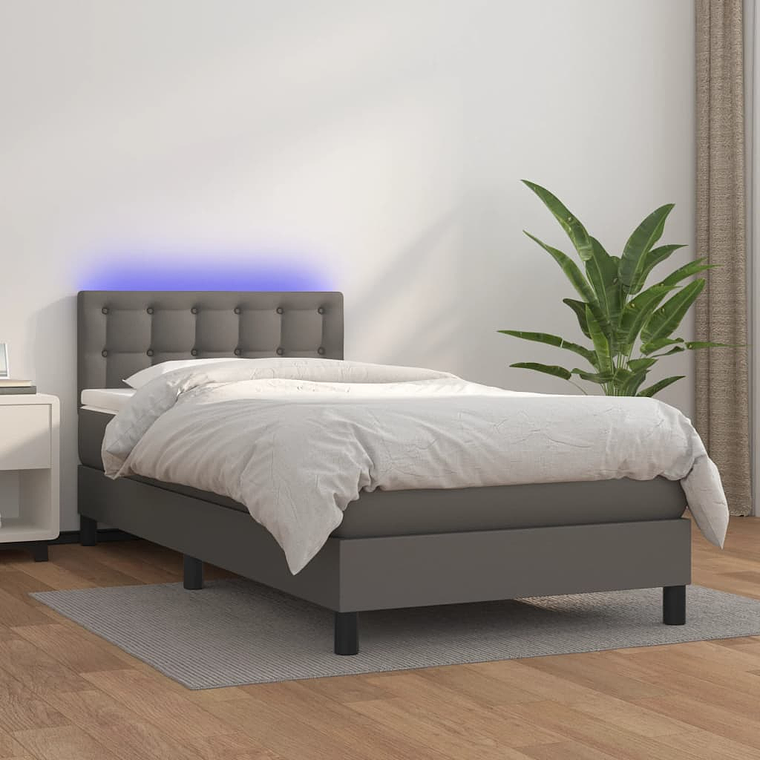 vidaXL Cama box spring c/ colchão/LED 90x200 cm couro artificial cinza 1