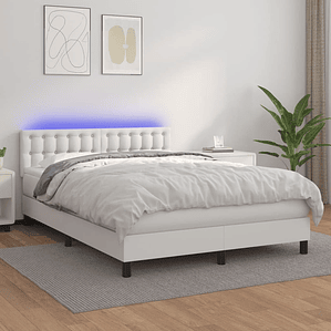 vidaXL Cama box spring c/colchão/LED 140x190cm couro artificial branco