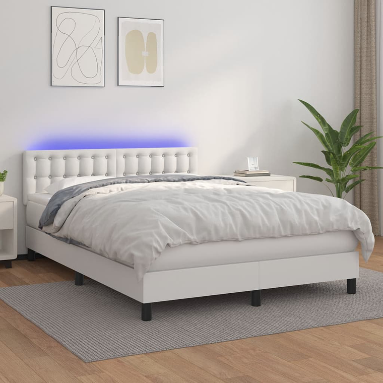 vidaXL Cama box spring c/colchão/LED 140x190cm couro artificial branco 1
