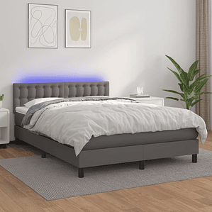 vidaXL Cama box spring c/ colchão/LED 140x190cm couro artificial cinza
