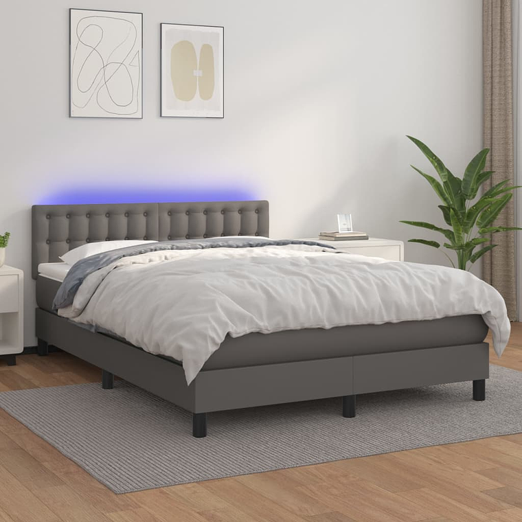 vidaXL Cama box spring c/ colchão/LED 140x190cm couro artificial cinza 1