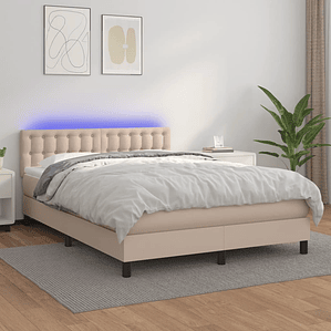 vidaXL Cama box spring c/colchão/LED 140x190cm couro artif. cappuccino