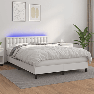 vidaXL Cama box spring c/colchão/LED 140x200cm couro artificial branco