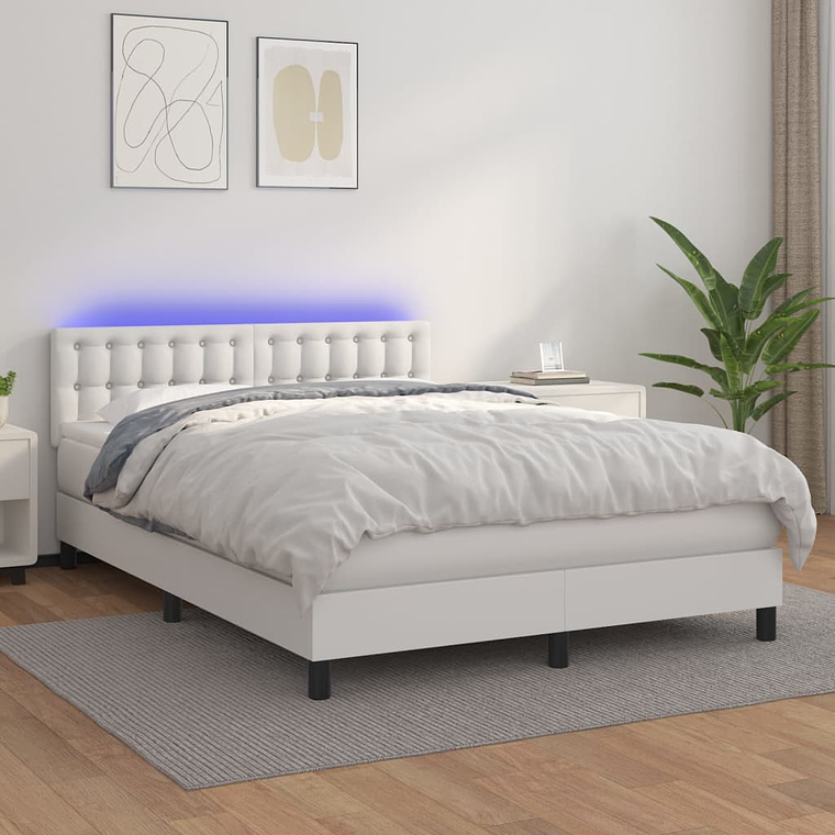 vidaXL Cama box spring c/colchão/LED 140x200cm couro artificial branco 1