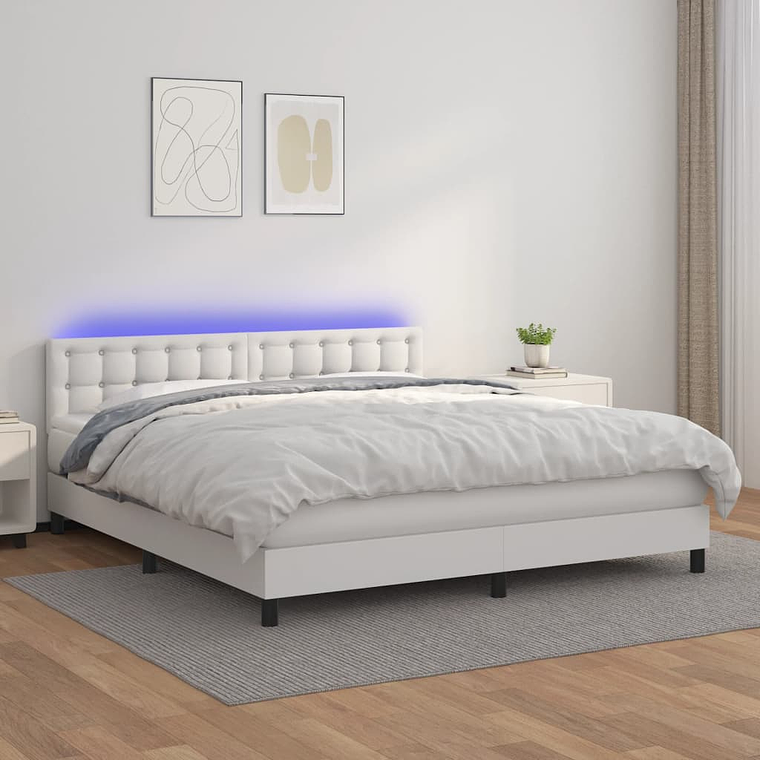 vidaXL Cama box spring c/colchão/LED 160x200cm couro artificial branco 1