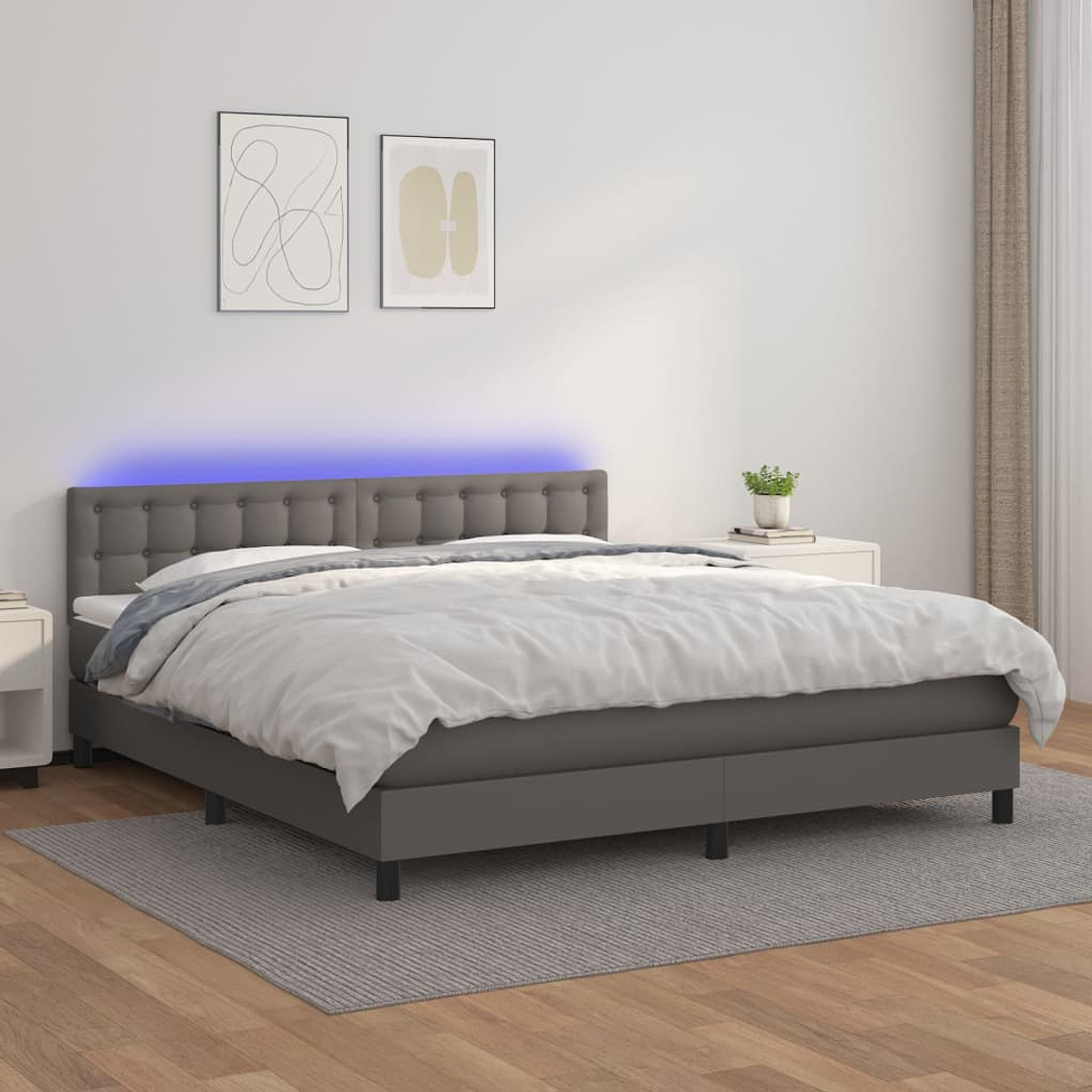 vidaXL Cama box spring c/ colchão/LED 160x200cm couro artificial cinza 1