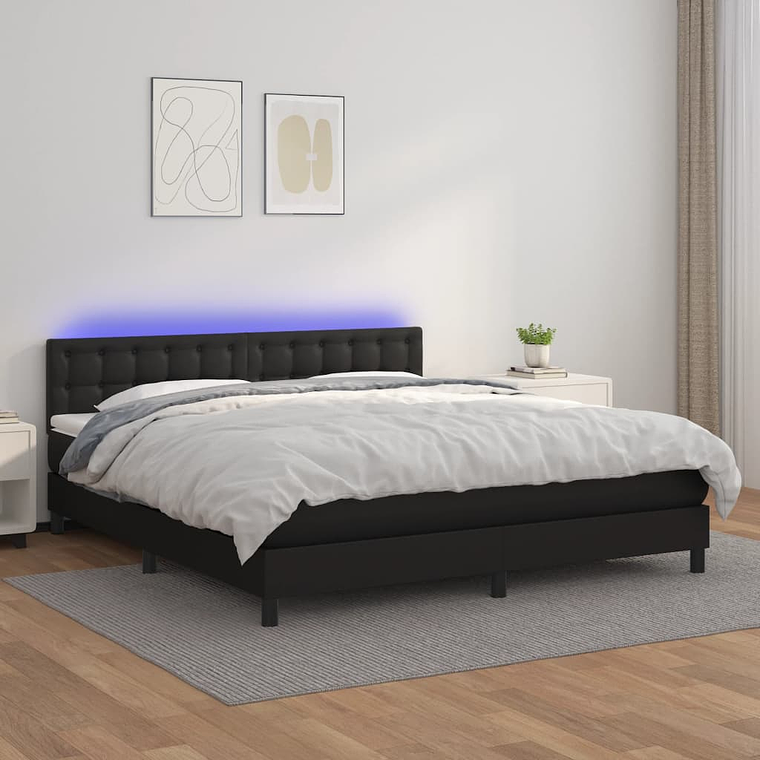 vidaXL Cama box spring c/ colchão/LED 180x200cm couro artificial preto 1
