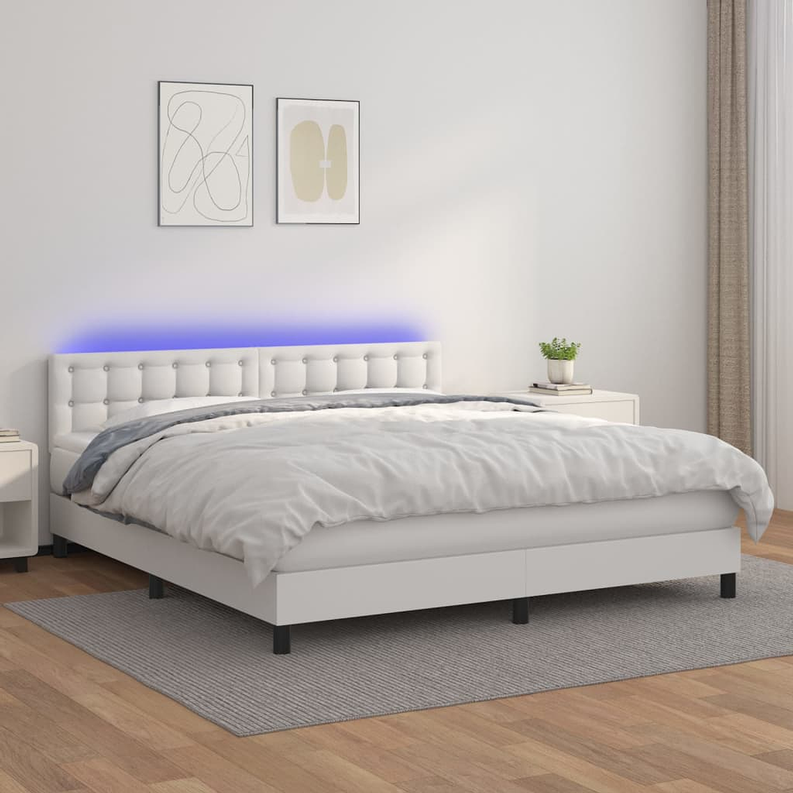 vidaXL Cama box spring c/colchão/LED 180x200cm couro artificial branco 1