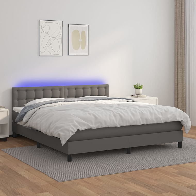 vidaXL Cama box spring c/ colchão/LED 180x200cm couro artificial cinza 1