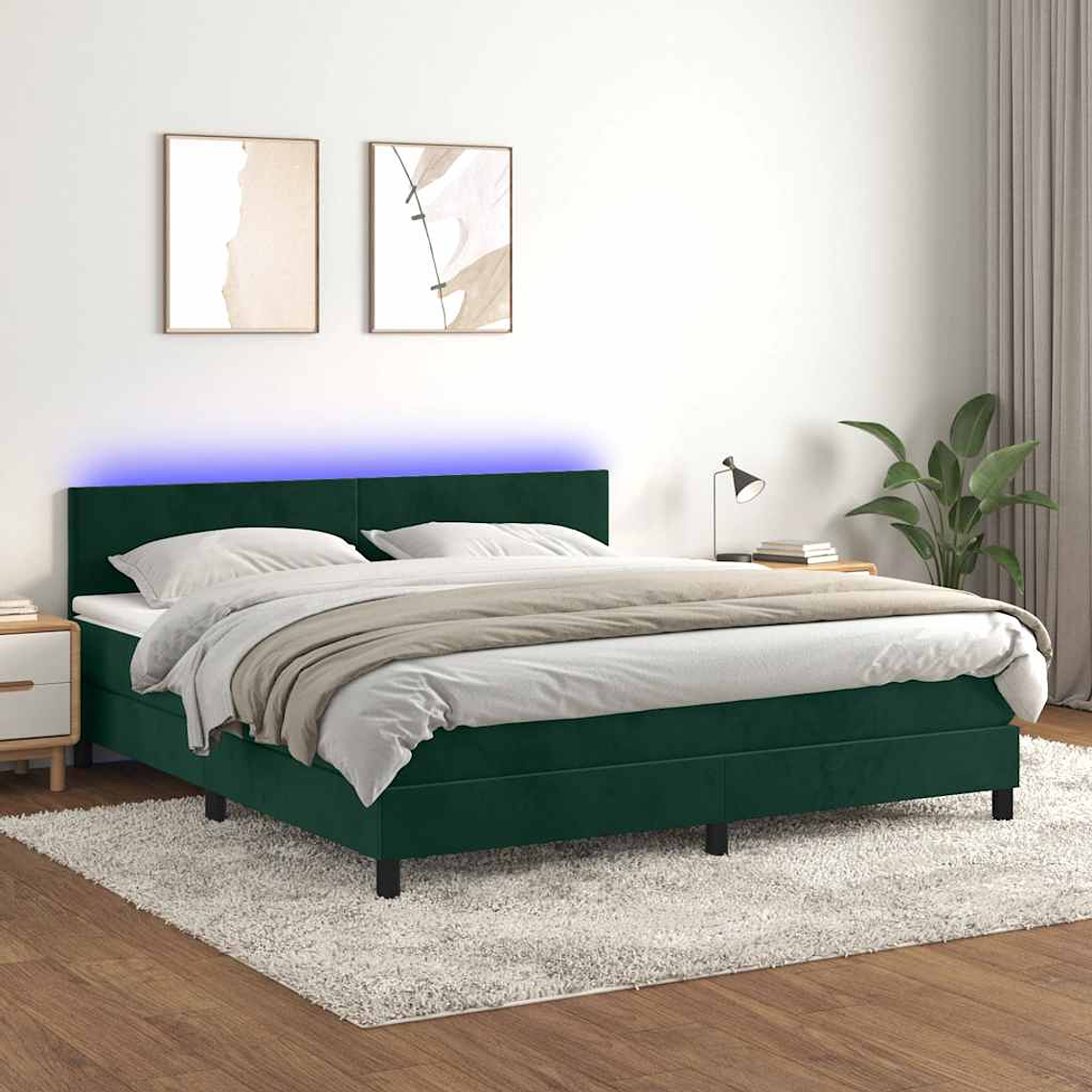 vidaXL Cama box spring c/ colchão/LED 160x200 cm veludo verde-escuro 1