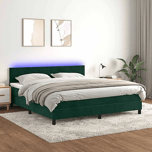 vidaXL Cama box spring c/ colchão/LED 160x200 cm veludo verde-escuro