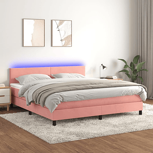 vidaXL Cama box spring c/ colchão/LED 160x200 cm veludo rosa