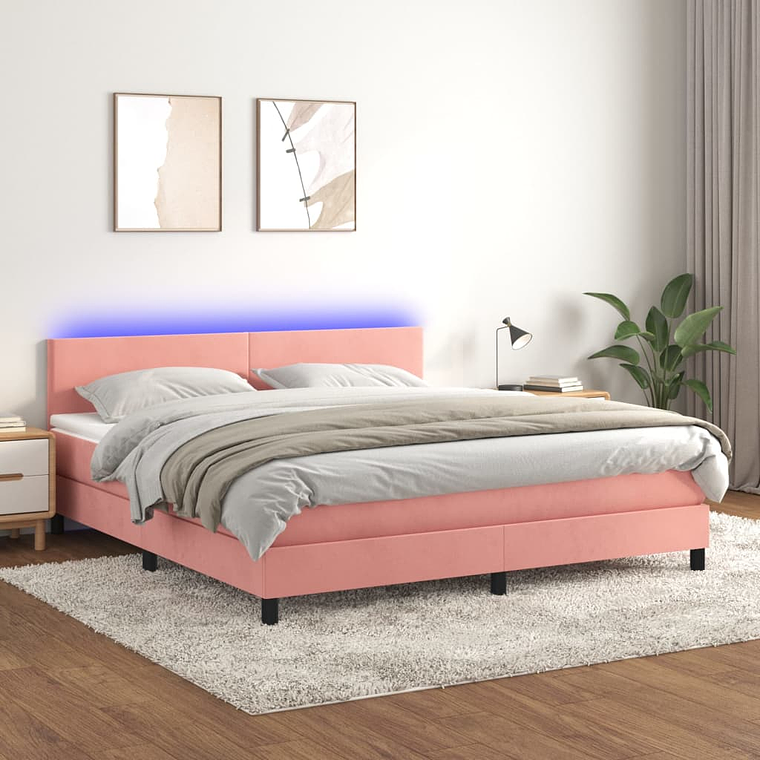 vidaXL Cama box spring c/ colchão/LED 160x200 cm veludo rosa 1