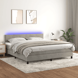 vidaXL Cama box spring c/ colchão/LED 180x200 cm veludo cinzento-claro