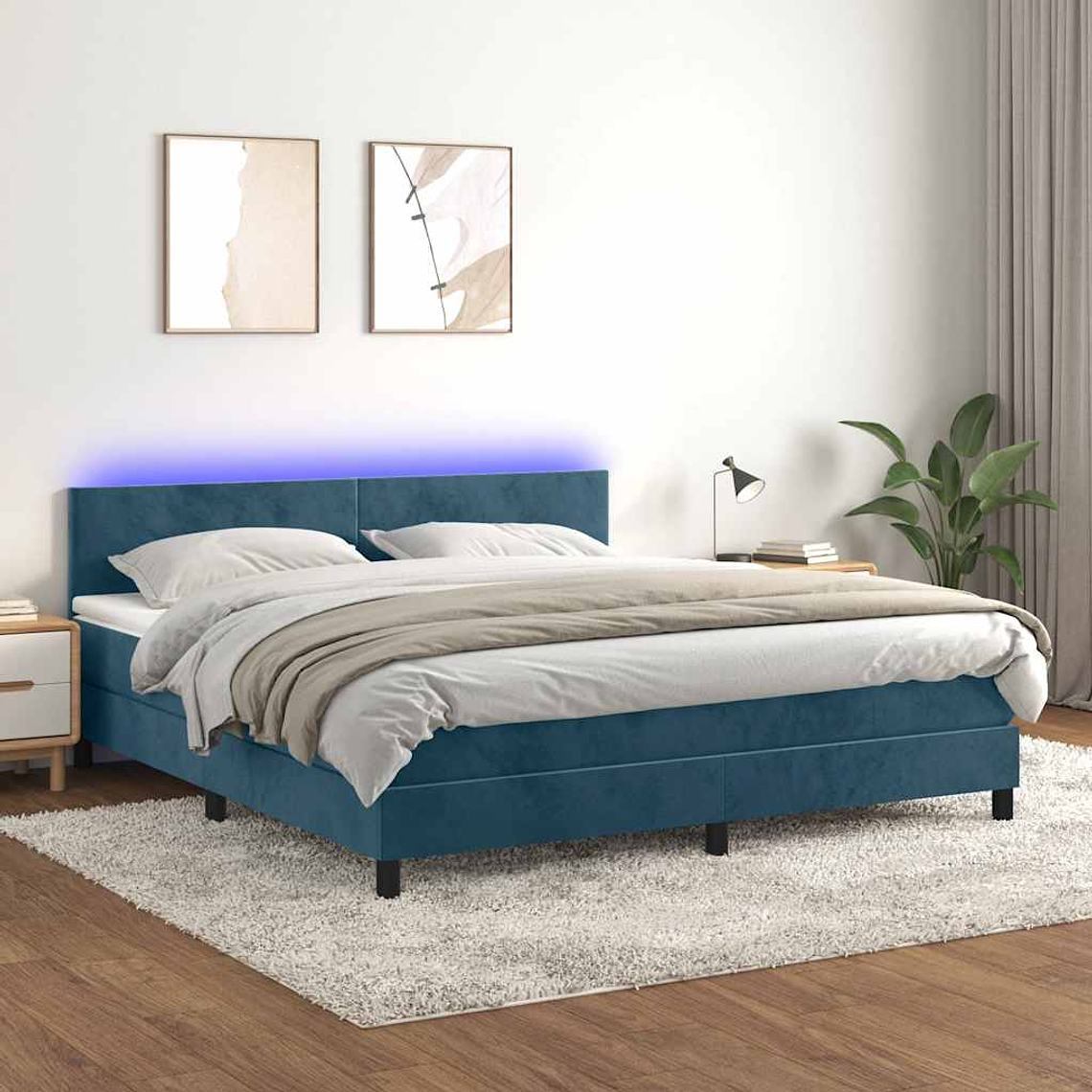 vidaXL Cama box spring c/ colchão/LED 180x200 cm veludo azul-escuro 1