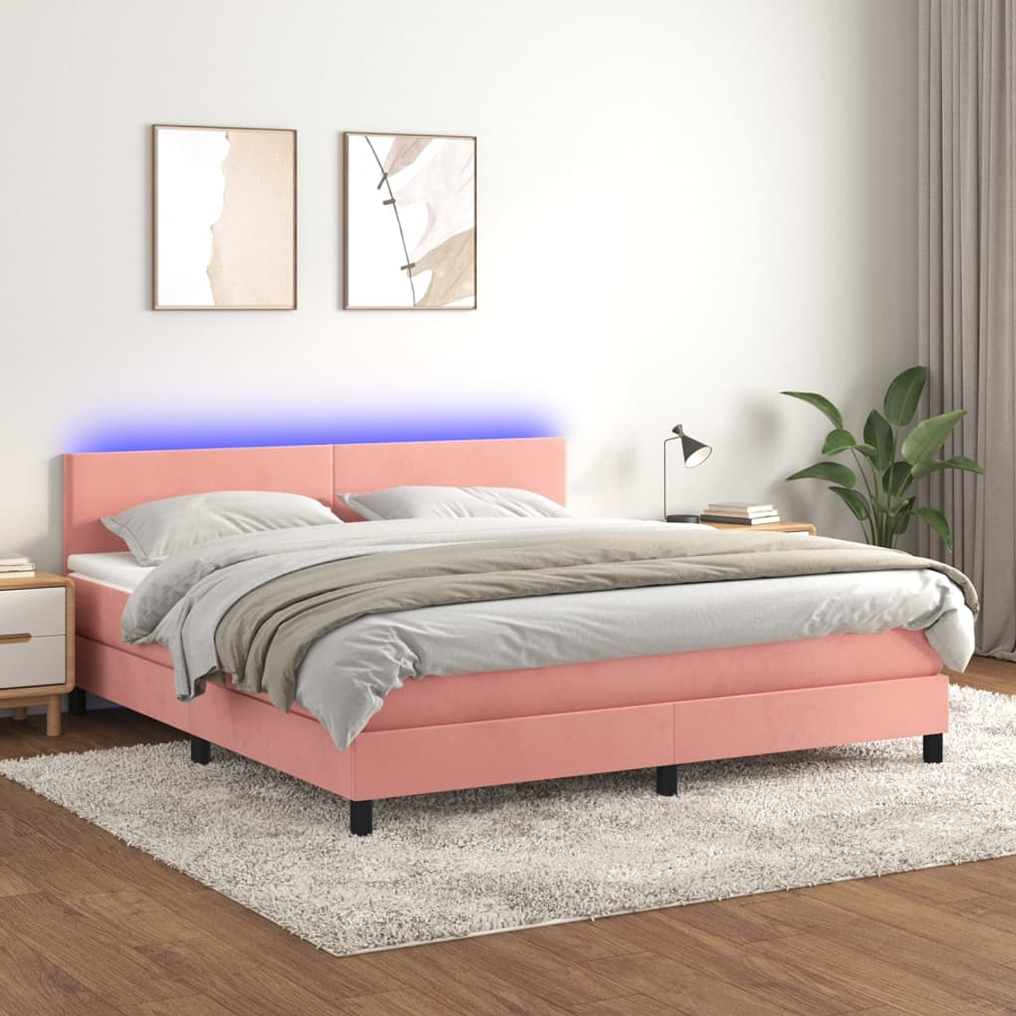 vidaXL Cama box spring c/ colchão/LED 180x200 cm veludo rosa 1