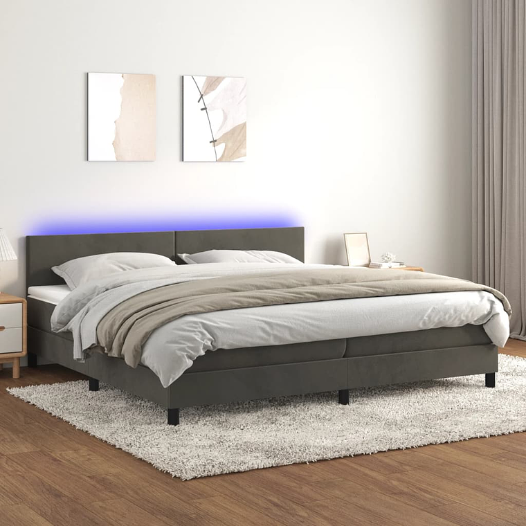 vidaXL Cama box spring c/ colchão/LED 200x200cm veludo cinzento-escuro 1
