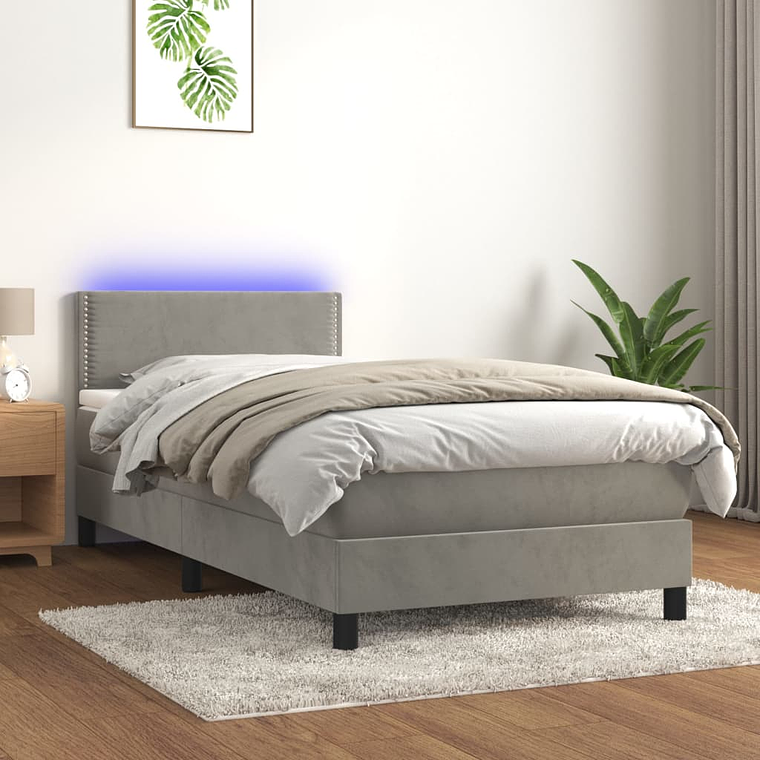 vidaXL Cama box spring c/ colchão/LED 90x190 cm veludo cinzento-claro 1