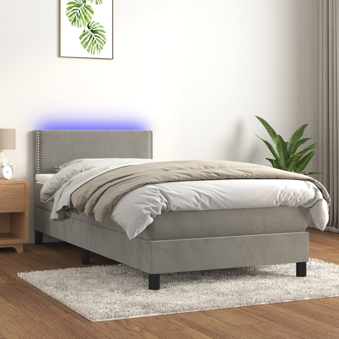 vidaXL Cama box spring c/ colchão/LED 100x200 cm veludo cinzento-claro 1