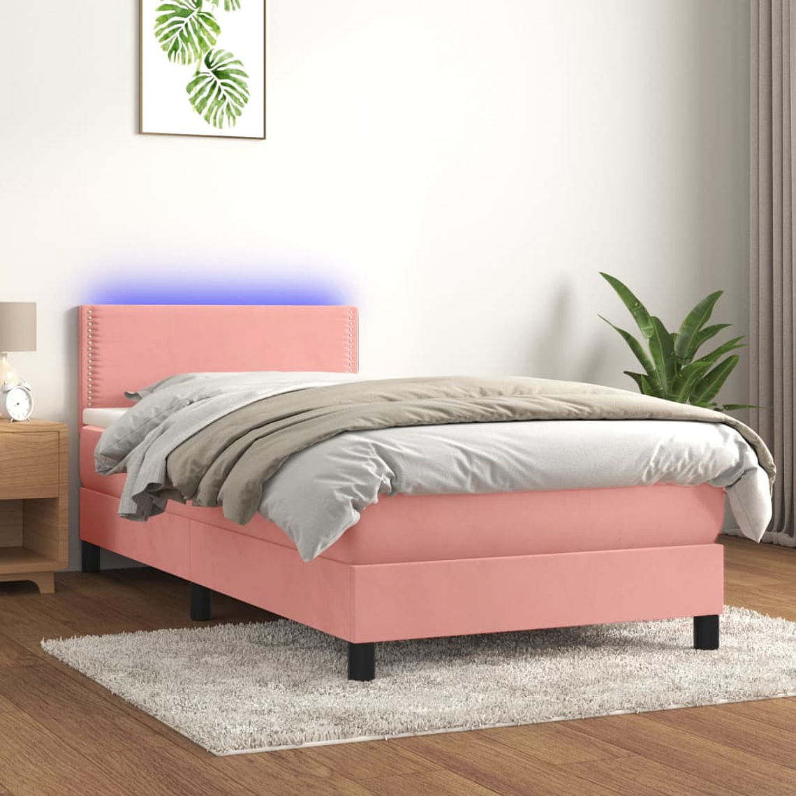 vidaXL Cama box spring c/ colchão/LED 100x200 cm veludo rosa 1