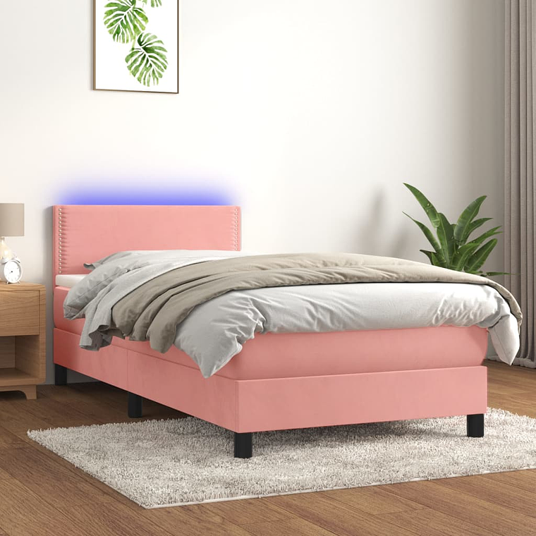 vidaXL Cama box spring c/ colchão/LED 100x200 cm veludo rosa 1