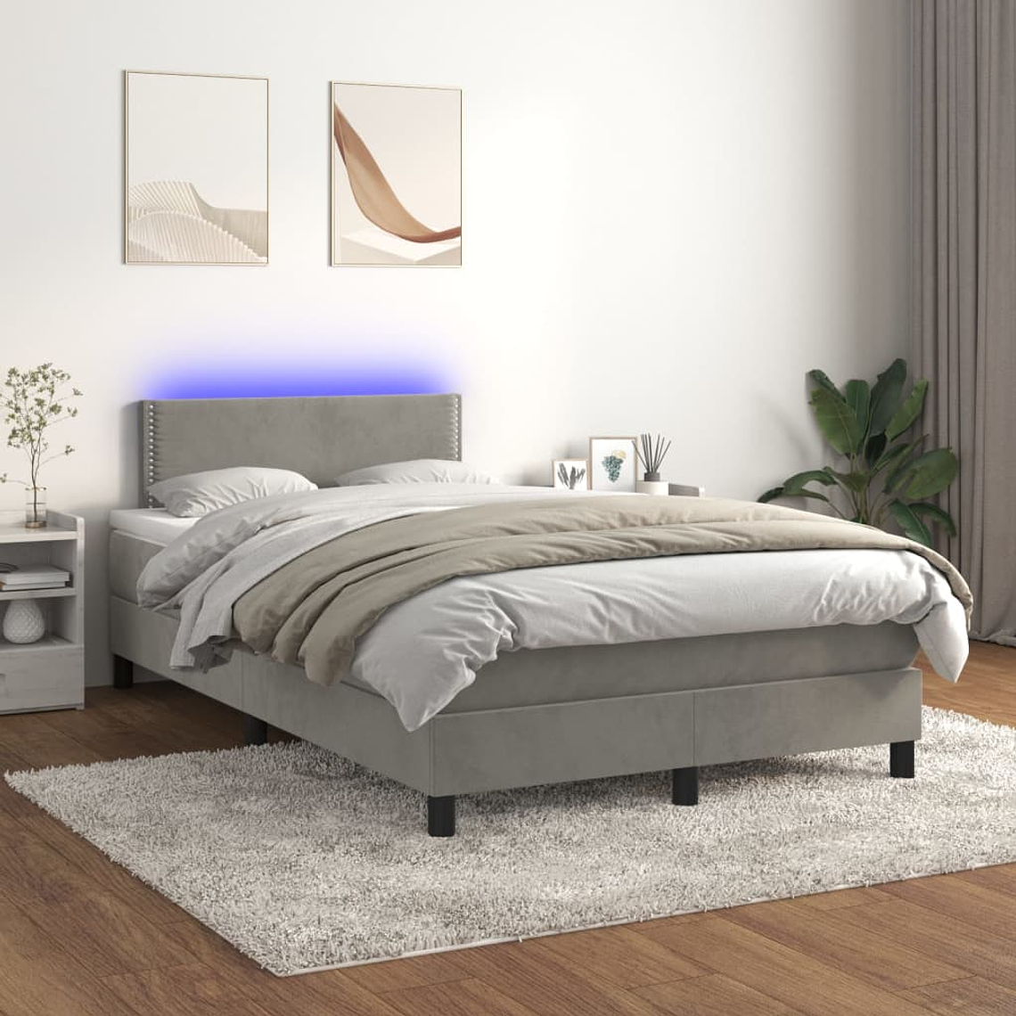 vidaXL Cama box spring c/ colchão/LED 120x200 cm veludo cinzento-claro 1