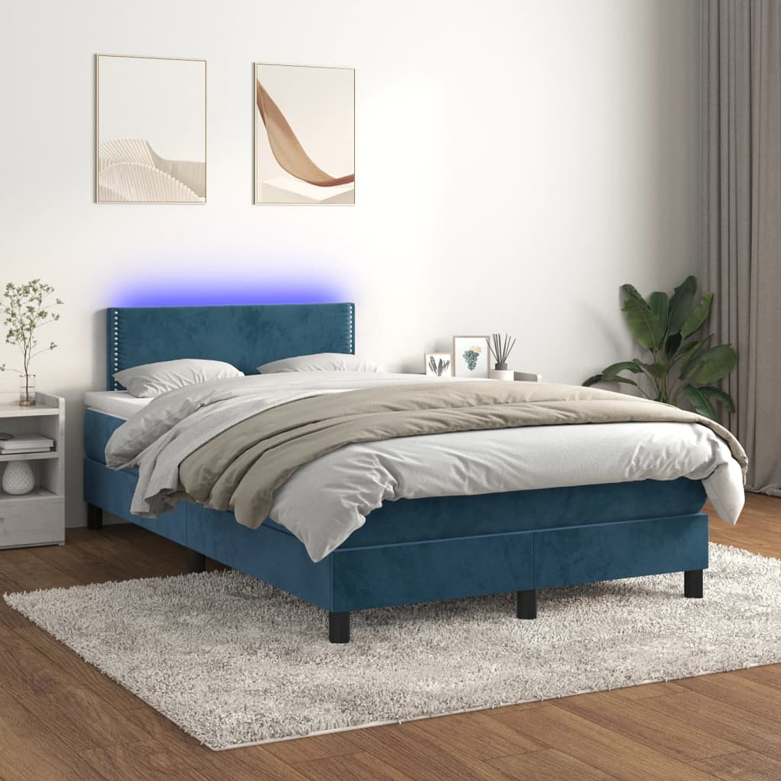 vidaXL Cama box spring c/ colchão/LED 120x200 cm veludo azul-escuro 1