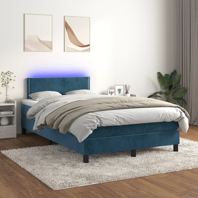 vidaXL Cama box spring c/ colchão/LED 120x200 cm veludo azul-escuro 1