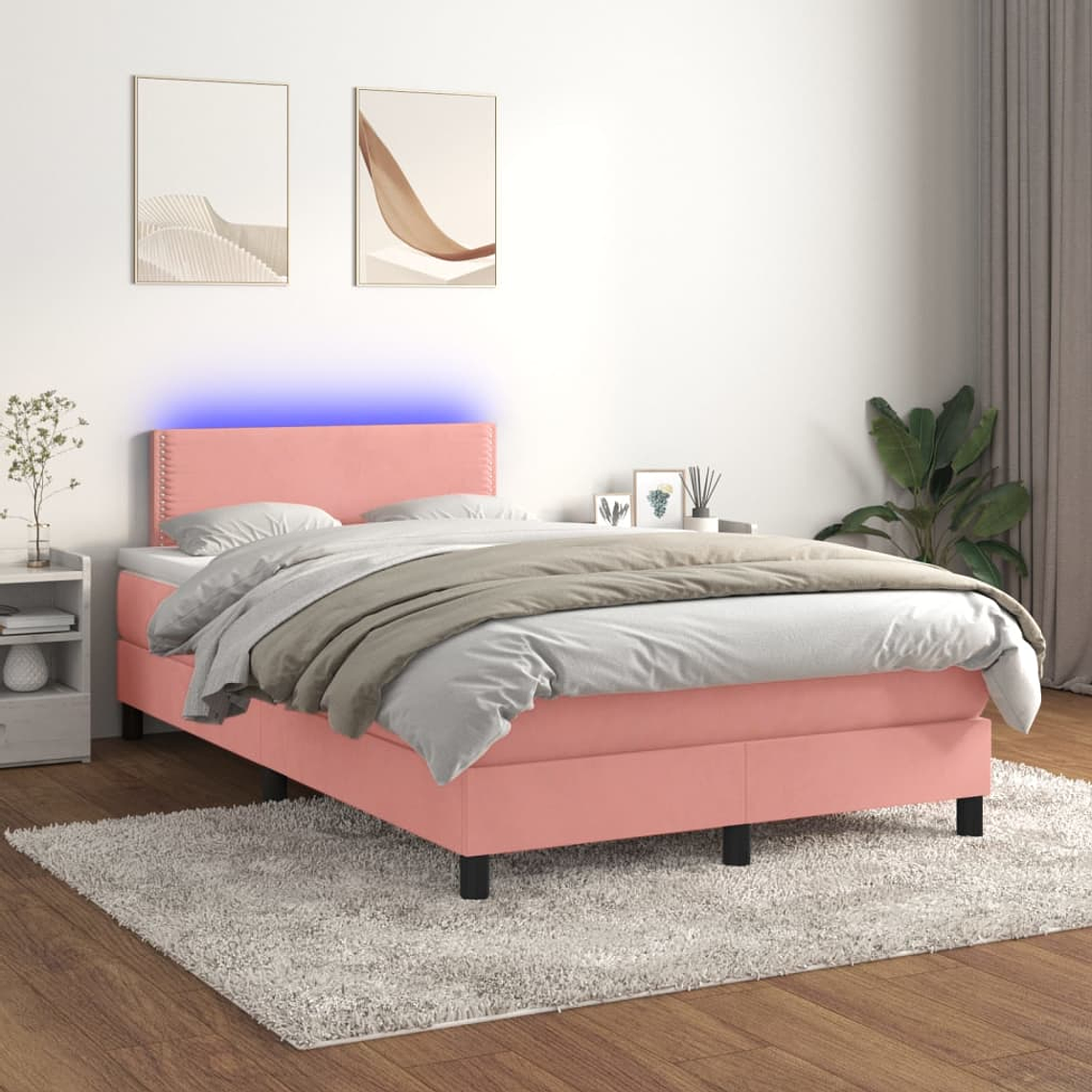 vidaXL Cama box spring c/ colchão/LED 120x200 cm veludo rosa 1